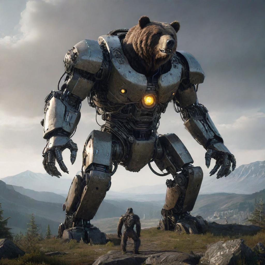 An imposing creation where technology meets the natural world: a monstrous robotic bear, its mechanical parts whirring and eyes glowing menacingly against a dystopian landscape.