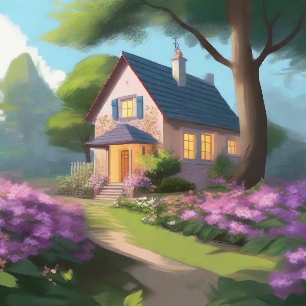 Create a peaceful, serene landscape featuring a house surrounded by trees and flowers