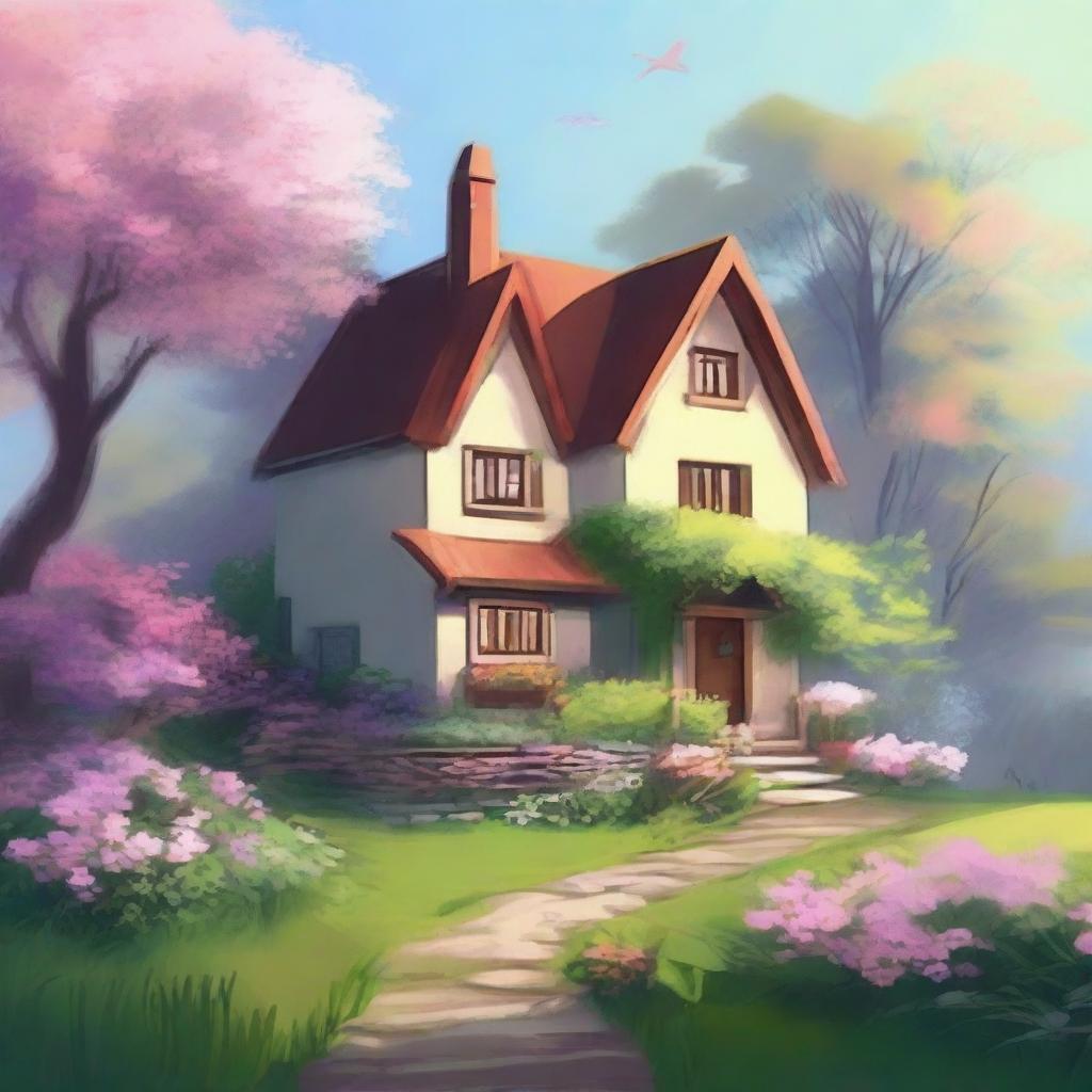 Create a peaceful, serene landscape featuring a house surrounded by trees and flowers