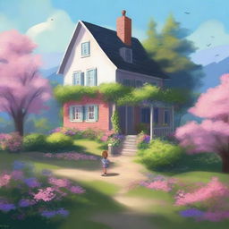 Create a peaceful, serene landscape featuring a house surrounded by trees and flowers