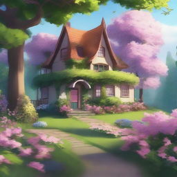 Create a peaceful, serene landscape featuring a house surrounded by trees and flowers