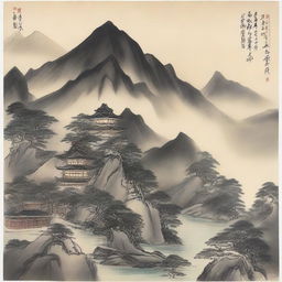 一幅展示美丽自然风景的图画，包含青山绿水和蓝天白云，整体画面充满宁静与和谐。