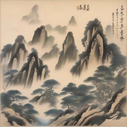 一幅展示美丽自然风景的图画，包含青山绿水和蓝天白云，整体画面充满宁静与和谐。