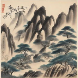 一幅展示美丽自然风景的图画，包含青山绿水和蓝天白云，整体画面充满宁静与和谐。