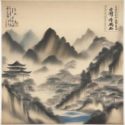 一幅展示美丽自然风景的图画，包含青山绿水和蓝天白云，整体画面充满宁静与和谐。