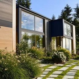 A modern duplex house with large glass windows, a well-maintained front yard adorned with beautiful flowers and a stone walkway.