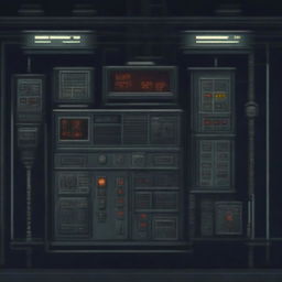 A control panel on a submarine in a horror game, depicted in a hyper-realistic pixel art style