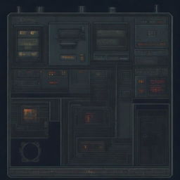 A control panel on a military submarine depicted in a horror-pixel art style