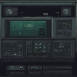 A control panel on a military submarine depicted in a horror-pixel art style