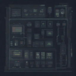 A control panel on a military submarine depicted in a horror-pixel art style