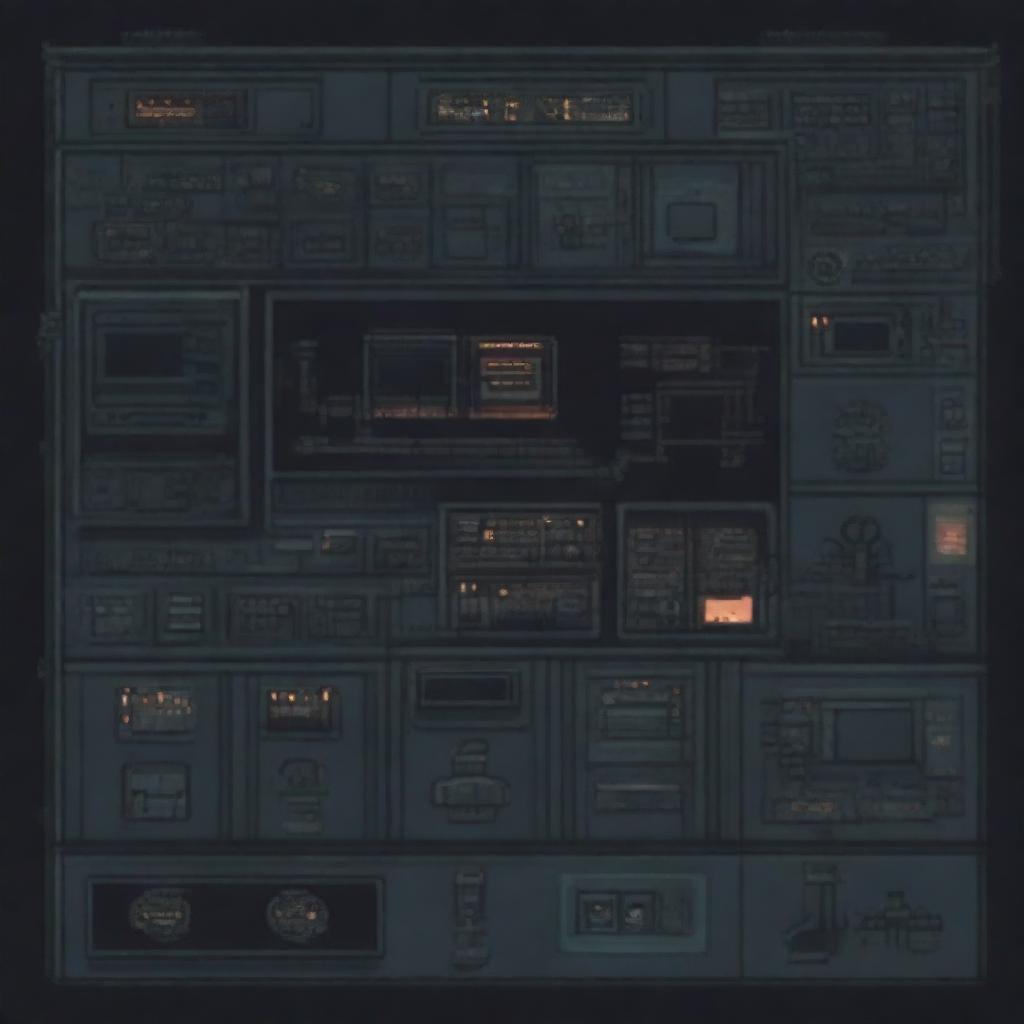 A control panel on a military submarine depicted in a horror-pixel art style