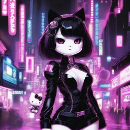 A depiction of Hello Kitty with a female human body, dressed in gothic clothes, set in a futuristic, sexy environment