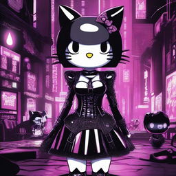 A depiction of Hello Kitty with a female human body, dressed in gothic clothes, set in a futuristic, sexy environment