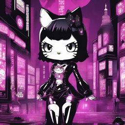 A depiction of Hello Kitty with a female human body, dressed in gothic clothes, set in a futuristic, sexy environment