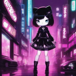 A depiction of Hello Kitty with a female human body, dressed in gothic clothes, set in a futuristic, sexy environment