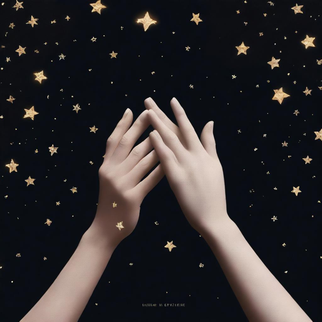 A book cover with a black background and golden hands holding glowing white stars in their hands, with the hands reaching for each other