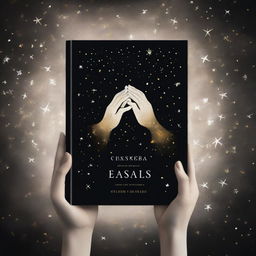 A book cover with a black background and golden hands holding glowing white stars in their hands, with the hands reaching for each other