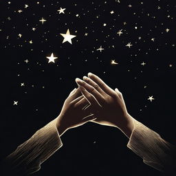 A book cover with a black background featuring golden hands holding glowing white stars