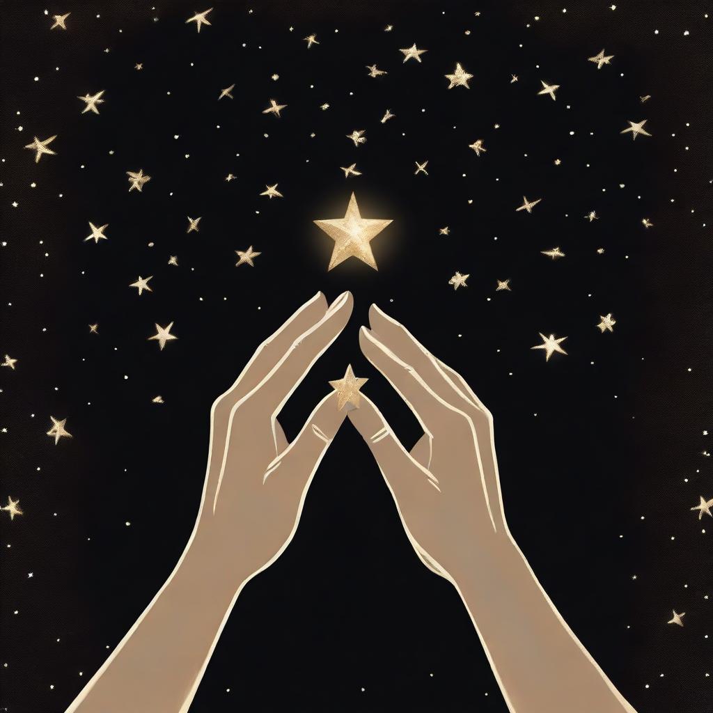 A book cover with a black background featuring golden hands holding glowing white stars