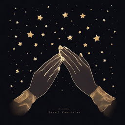 A book cover with a black background featuring golden hands holding glowing white stars