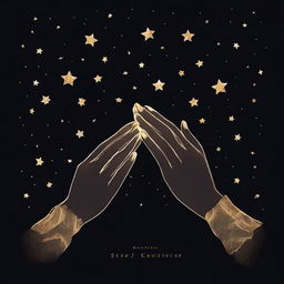 A book cover with a black background featuring golden hands holding glowing white stars