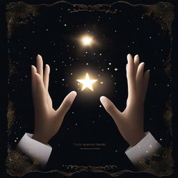 A book cover with a black background featuring golden hands holding glowing white stars