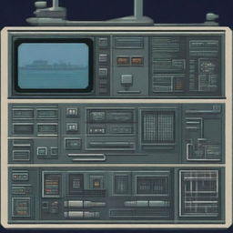 A control panel on a military submarine depicted in a pixel art style