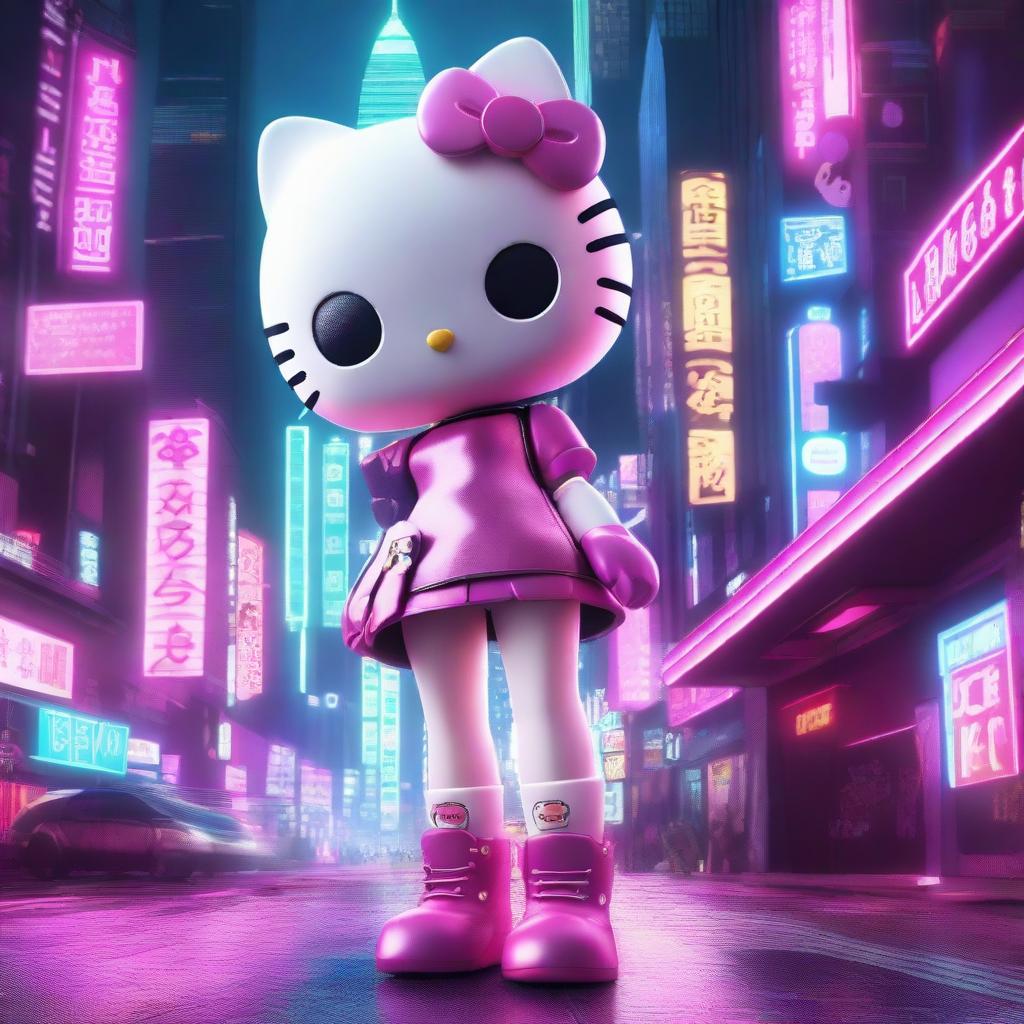 A 3D depiction of Hello Kitty with a female, sexy body in a cyberpunk setting