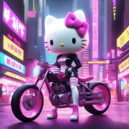 A 3D depiction of Hello Kitty with a female, sexy body in a cyberpunk setting