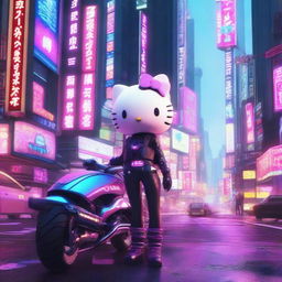 A 3D depiction of Hello Kitty with a female, sexy body in a cyberpunk setting