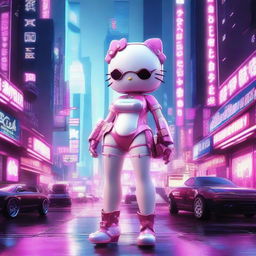 A 3D depiction of Hello Kitty with a female, sexy body in a cyberpunk setting