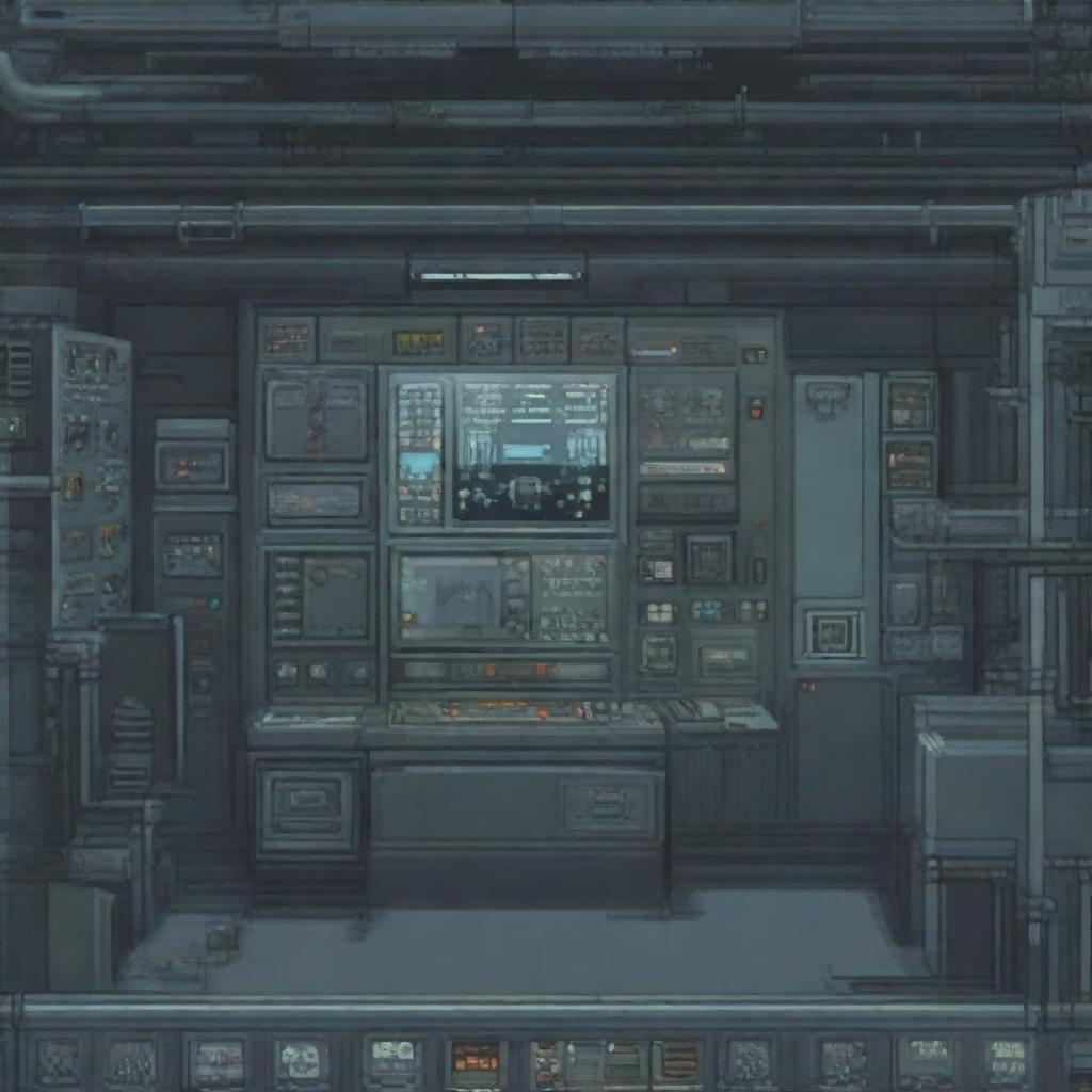 A room inside a military submarine featuring a control panel, depicted in pixel art style