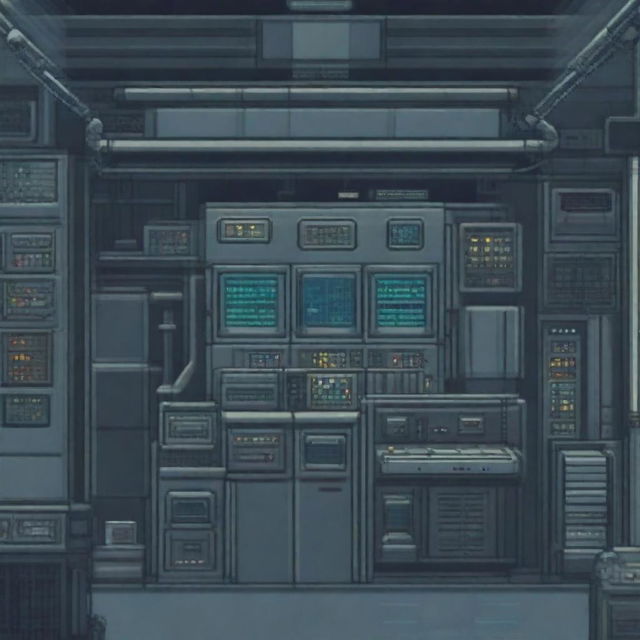 A room inside a military submarine featuring a control panel, depicted in pixel art style