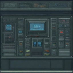 A room inside a military submarine featuring a control panel, depicted in pixel art style