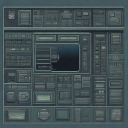 A room inside a military submarine featuring a control panel, depicted in pixel art style