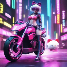 A 3D depiction of Hello Kitty in a cyberpunk setting with a body featuring thick thighs, sexy legs, a thin waist, big breasts, and tight clothes with cleavage