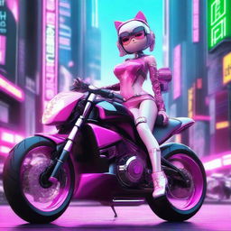 A 3D depiction of Hello Kitty in a cyberpunk setting with a body featuring thick thighs, sexy legs, a thin waist, big breasts, and tight clothes with cleavage