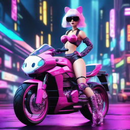 A 3D depiction of Hello Kitty in a cyberpunk setting with a body featuring thick thighs, sexy legs, a thin waist, big breasts, and tight clothes with cleavage