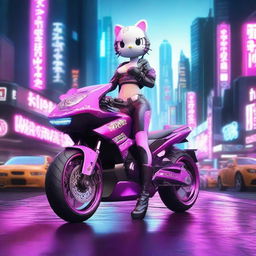 A 3D depiction of Hello Kitty in a cyberpunk setting with a body featuring thick thighs, sexy legs, a thin waist, big breasts, and tight clothes with cleavage