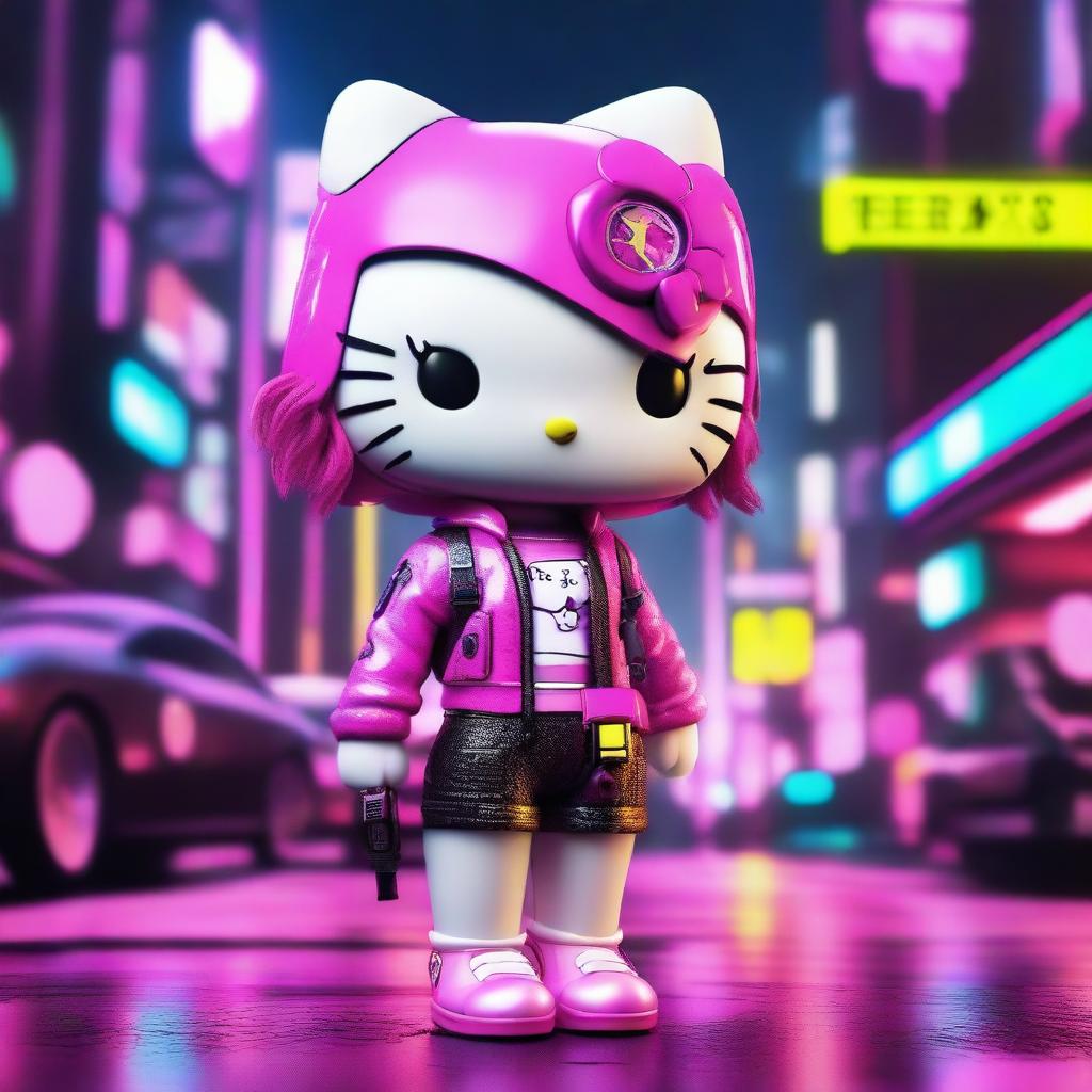 A 3D depiction of Hello Kitty in a cyberpunk setting, designed to look sexy and beautiful