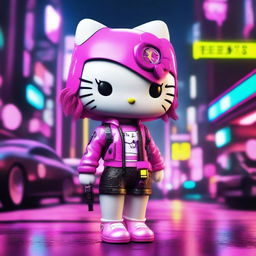 A 3D depiction of Hello Kitty in a cyberpunk setting, designed to look sexy and beautiful