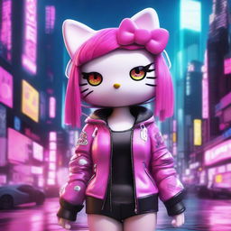 A 3D depiction of Hello Kitty in a cyberpunk setting, designed to look sexy and beautiful