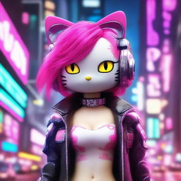 A 3D depiction of Hello Kitty in a cyberpunk setting, designed to look sexy and beautiful