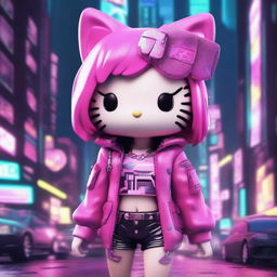 A 3D depiction of Hello Kitty in a cyberpunk setting, designed to look sexy and beautiful