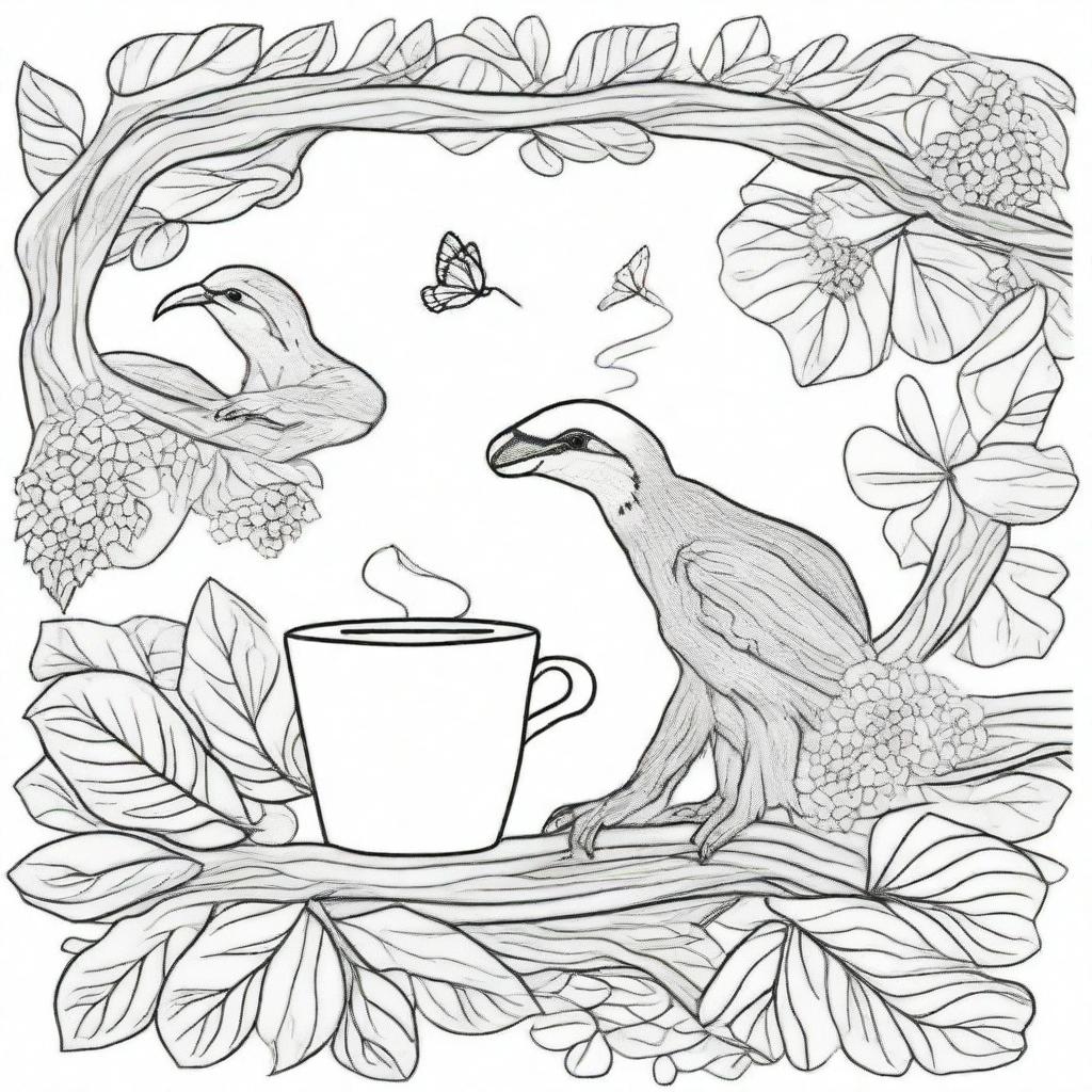 Create a coloring book page image featuring a split scene