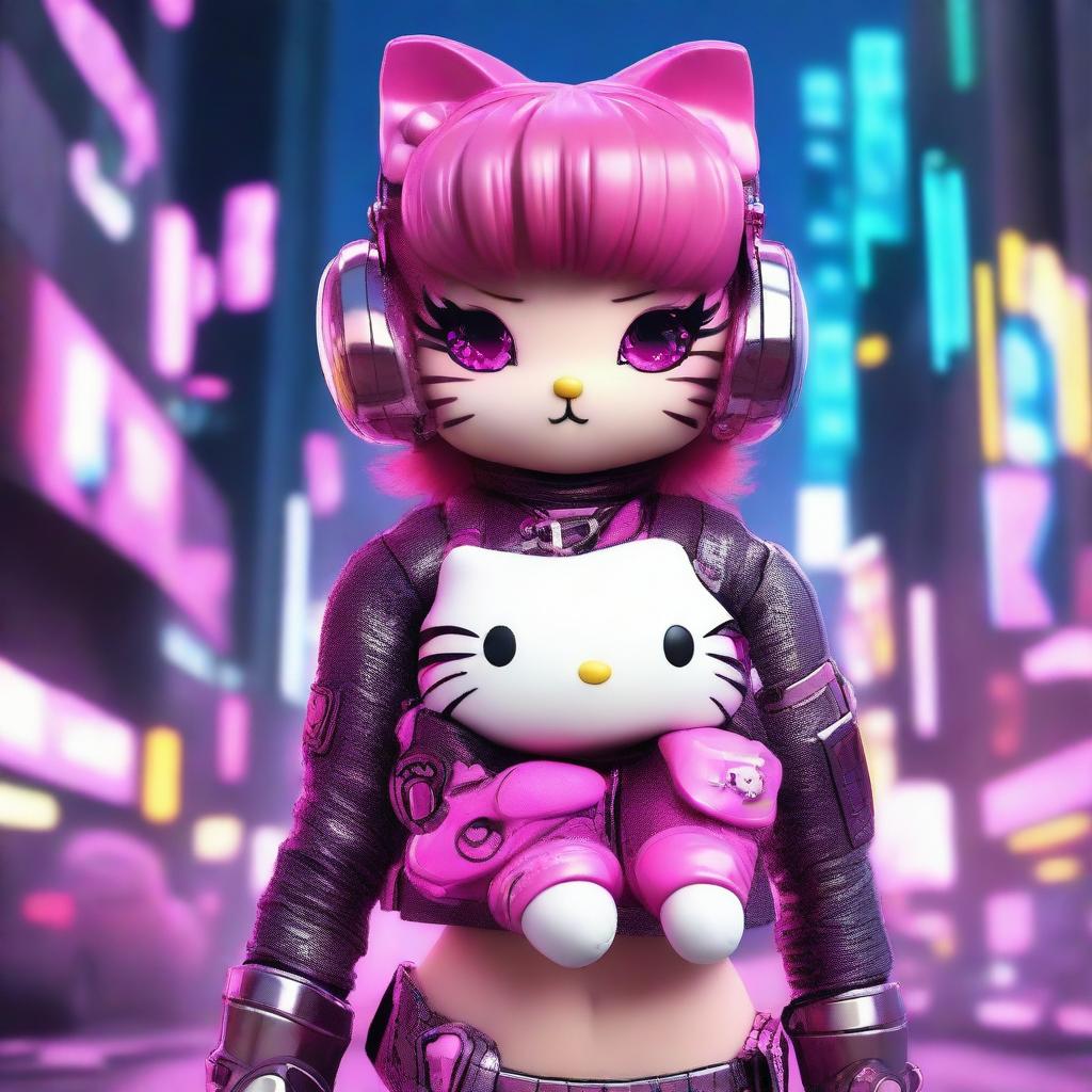 A 3D depiction of Hello Kitty in a cyberpunk setting, designed to look sexy and beautiful