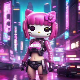 A 3D depiction of Hello Kitty in a cyberpunk setting, designed to look sexy and beautiful