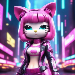 A 3D depiction of Hello Kitty in a cyberpunk setting, designed to look sexy and beautiful