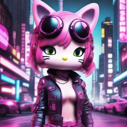 A 3D depiction of Hello Kitty in a cyberpunk setting, designed to look sexy and beautiful