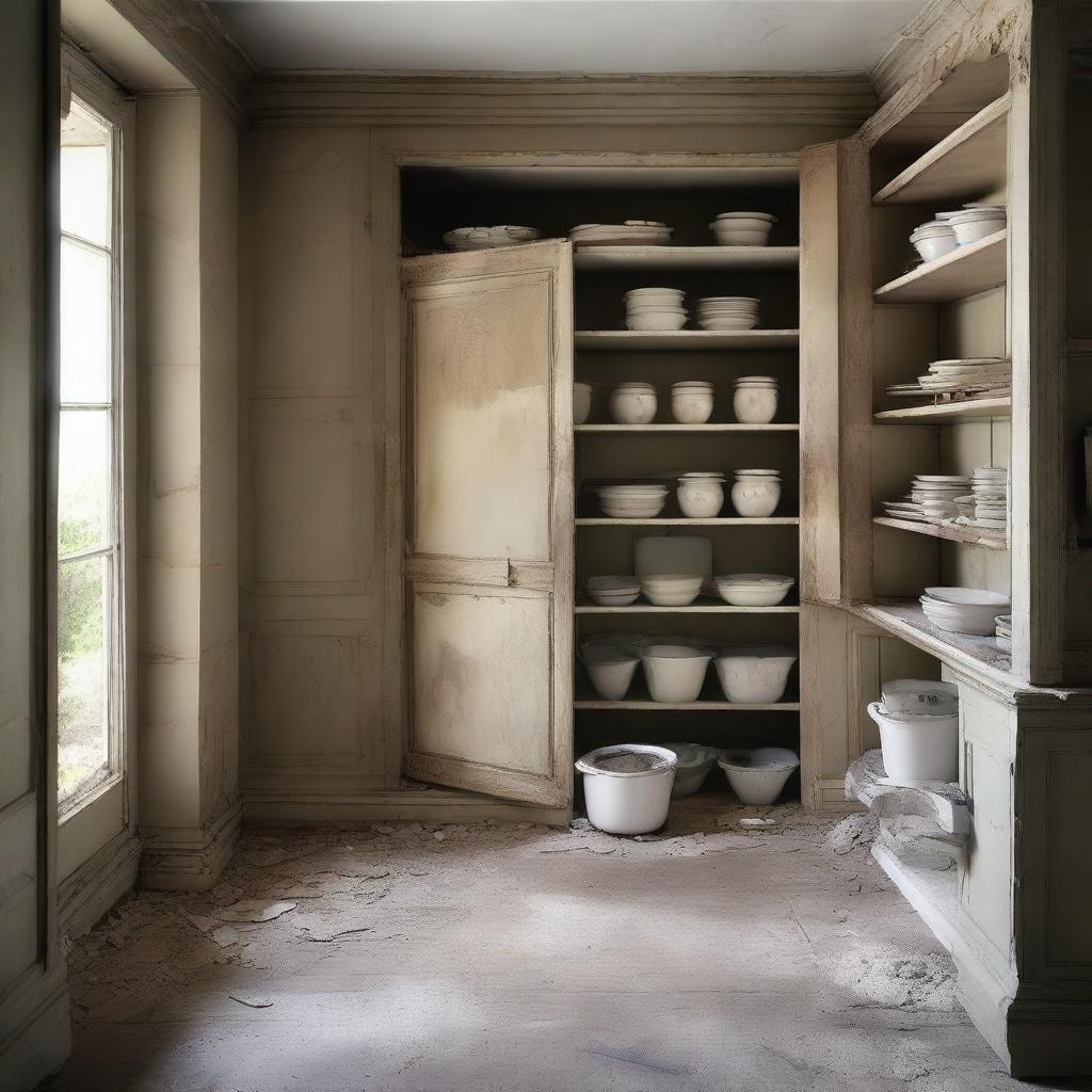 Create an image of a pantry in a state of disrepair